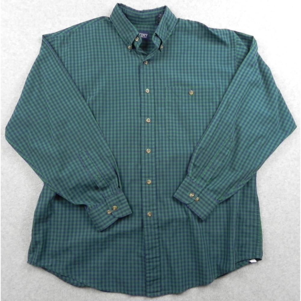 Lands End Shirt Mens Large Casual Pocket Button Up Green Blue Plaid Long Sleeve